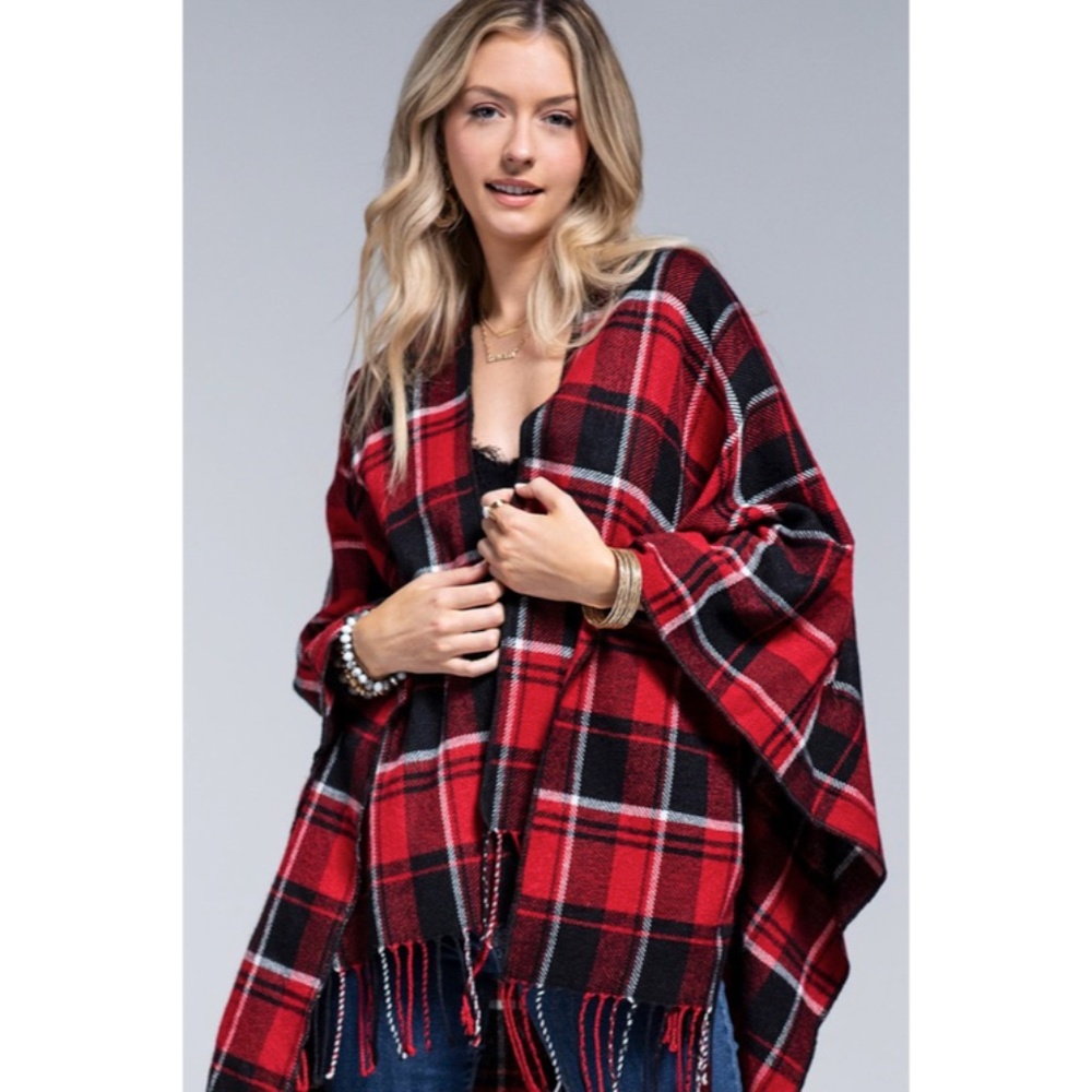 SOLD OUT Red Black Plaid Blanket Ruana Knit Fall Winter Fringe Open Poncho Wrap - Picture 5 of 7